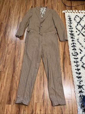 Harry Rosen Men's Tailored Brown Pinstripe Suit with Belted Waist